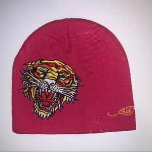Ed Hardy Pink Knit Beanie Tiger Embroidery